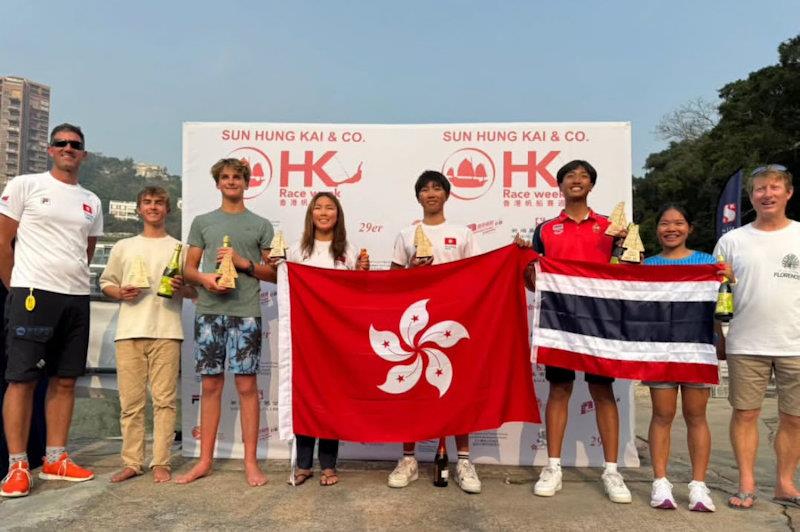 29er podium at Sun Hung Kai & Co. Hong Kong Race Week photo copyright RHKYC taken at Royal Hong Kong Yacht Club and featuring the 29er class