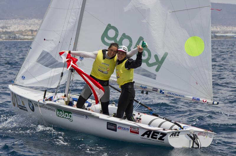 470 Women European Champions Lara Vadlau and Jolanta Ogar (AUT) in the 470 European Championships in Athens photo copyright AleN Photography / www.alen.gr taken at Nautical Club of Tzitzifies Kallithea and featuring the 470 class