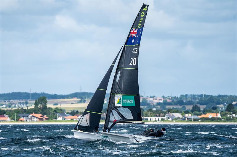 Jim Colley and Shaun Connor revelling in the big conditions - 49er, 49erFX and Nacra 17 European Championships - photo © Beau Outteridge