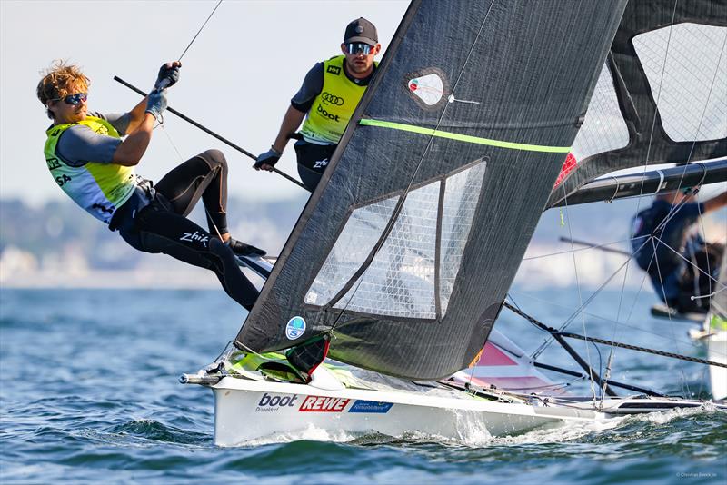 Danish dynamite Frederik Rask and jakob Precht Jensen lost the yellow jerseys for the overall 49er leaders on Monday at Kiel Week and will start day four as runners-up photo copyright Christian Beeck taken at Kieler Yacht Club and featuring the 49er class