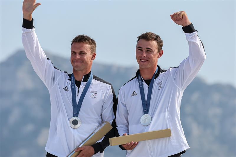 Isaac McHardie and Will McKenzie (NZL) - Silver Medalists - Mens Skiff - Paris2024 Olympic Sailing Event - Marseille - August 2, 2024 photo copyright World Sailing / Lloyd Images taken at Royal Akarana Yacht Club and featuring the 49er class