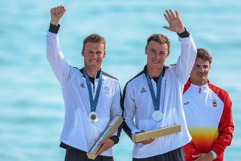 Isaac McHardie and Will McKenzie (NZL) - Silver Medalists - Mens Skiff - Paris2024 Olympic Sailing Event - Marseille - August 2, 2024 photo copyright World Sailing / Lloyd Images taken at Royal Akarana Yacht Club and featuring the 49er class