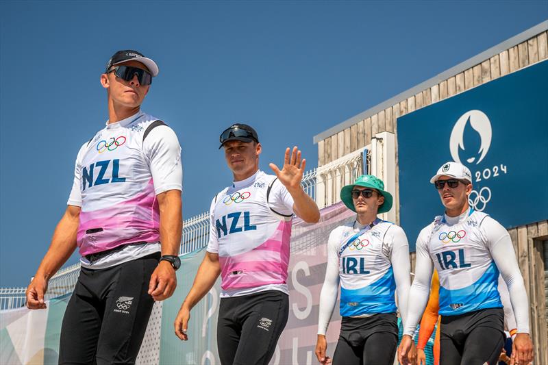 Isaac McHardie and Will McKenzie (NZL) - Silver Medalists - lead out Sean Waddilove and Robert Dickson (IRL) Mens Skiff - Paris2024 Olympic Sailing Event - Marseille - August 2, 2024 photo copyright World Sailing / Jean-Louis Carli taken at Royal Akarana Yacht Club and featuring the 49er class