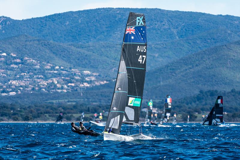 Laura Harding and Annie Wilmot leading the day's first 49erFX race - 2023 Hyeres Regatta - photo © Beau Outteridge / Australian Sailing Team