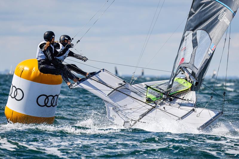 A wild and windy day for the women's 49erFX skiff fleet as Norway's Pia Dahl Andersen and Nora Edland round the leeward mark photo copyright Christian Beeck taken at  and featuring the 49er FX class