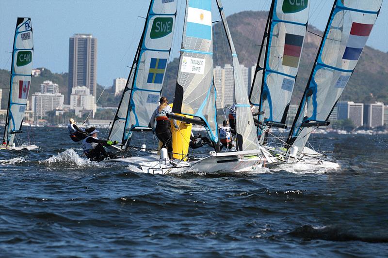 Hills along with high rise apartments ring the Rio harbour - chopping up the breeze - 49erFX - Rio de Janeiro - August 13, 2024 - photo © Richard Gladwell - Sail-World.com / nz