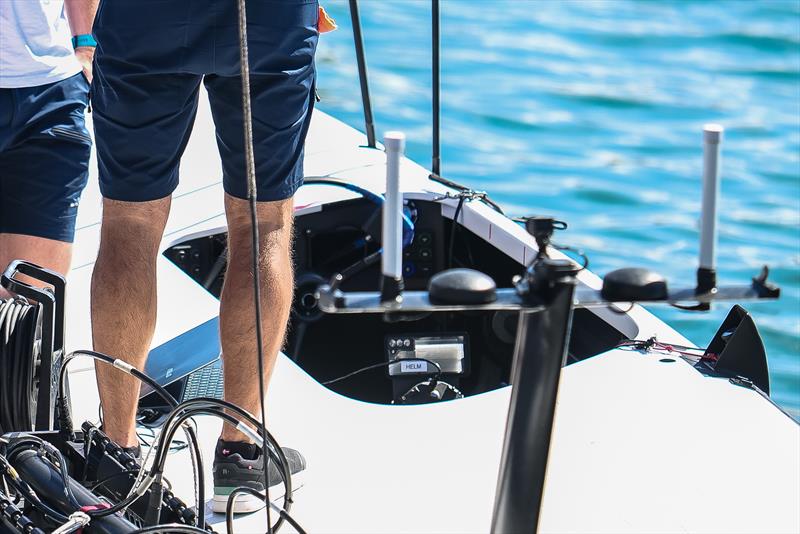 The top of the flight controller cab be seen in the starboard cockpit. Scree mount on top. Alinghi Red Bull Racing - AC40 - Day 54 - Barcelona - September 23, 2023 photo copyright Alex Carabi / America's Cup taken at Real Club Nautico de Barcelona and featuring the AC40 class