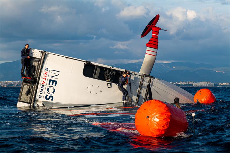 INEOS Britannia recover their capsized test boat T6, Palma - February 8, 2023 photo copyright Ugo Fonolla / America's Cup taken at Royal Yacht Squadron and featuring the AC40 class