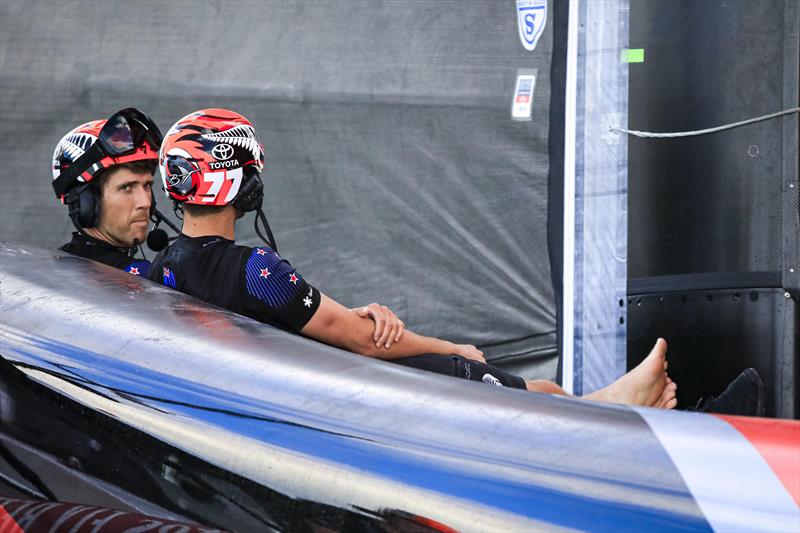 America's Cup match day 4 - Emirates Team New Zealand's Peter Burling and Blair Tuke chat while waiting for the wind - photo © ACE / Studio Borlenghi