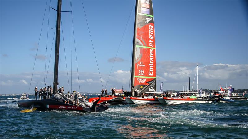 Luna Rossa salute Emirates Team NZ - America's Cup - Day 7 - March 17, 2021 , Course A photo copyright Richard Gladwell / Sail-World.com taken at Royal New Zealand Yacht Squadron and featuring the AC75 class