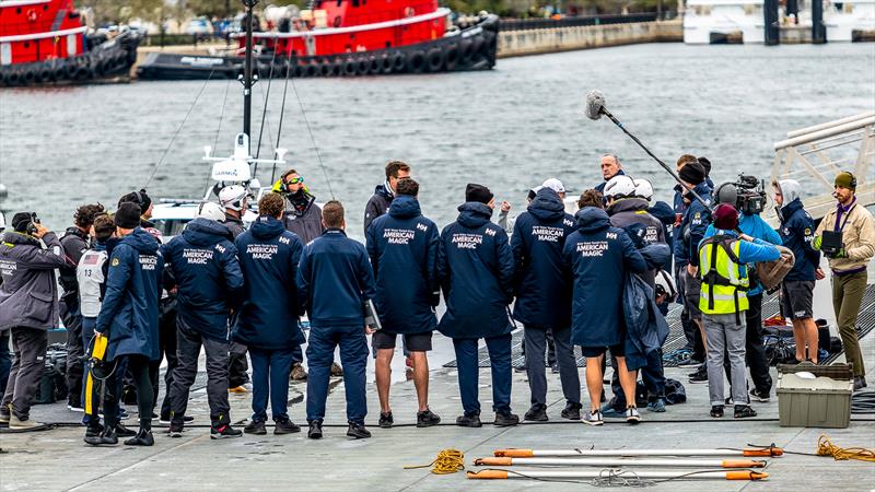 Dock talk with film crew - American Magic - Patriot - AC75 - January 13, 2023 - Pensacola, Florida - photo © Paul Todd/America's Cup