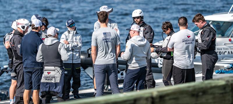 Crew briefing (Tom Slingsby extreme right) American Magic -  Patriot - AC75 - January 18, 2023 - Pensacola, Florida photo copyright Paul Todd/America's Cup taken at New York Yacht Club and featuring the AC75 class