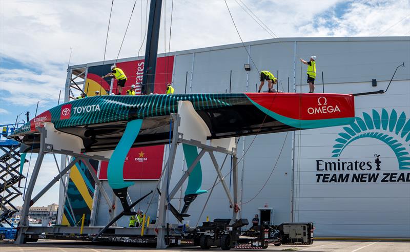 Emirates Team New Zealand AC75 raceboat has had the fairing pieces removed from the supplied one design foil arms, and the trailing edge of the foil arm is now completely straight photo copyright Hamish Hooper taken at Royal New Zealand Yacht Squadron and featuring the AC75 class