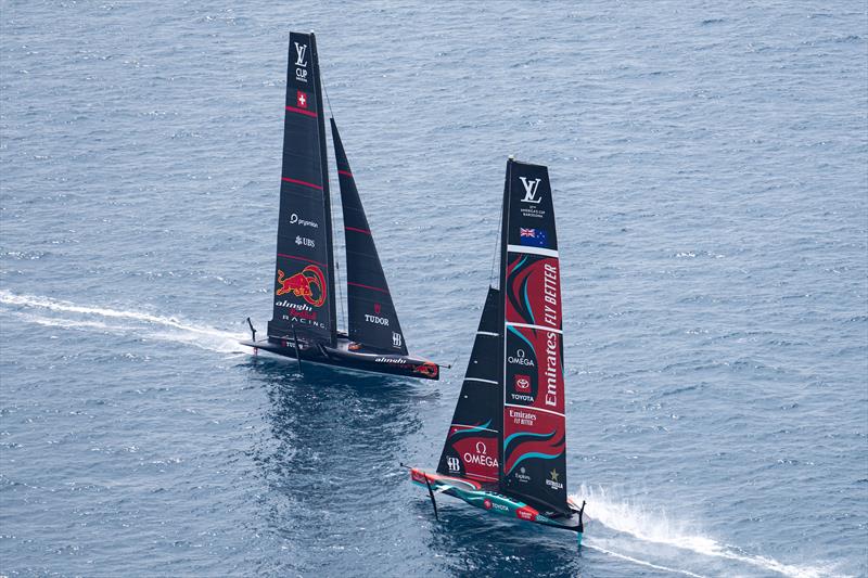 Alinghi Red Bull Racing vs. Emirates Team New Zealandon Louis Vuitton Cup Round Robin 1 Day 4 photo copyright Ian Roman / AmericasCup taken at  and featuring the AC75 class