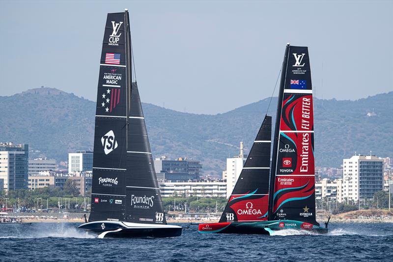 Emirates Team New Zealand vs. New York Yacht Club American Magic on Louis Vuitton Cup Round Robin 1 Day 4 photo copyright Ricardo Pinto / America's Cup taken at  and featuring the AC75 class