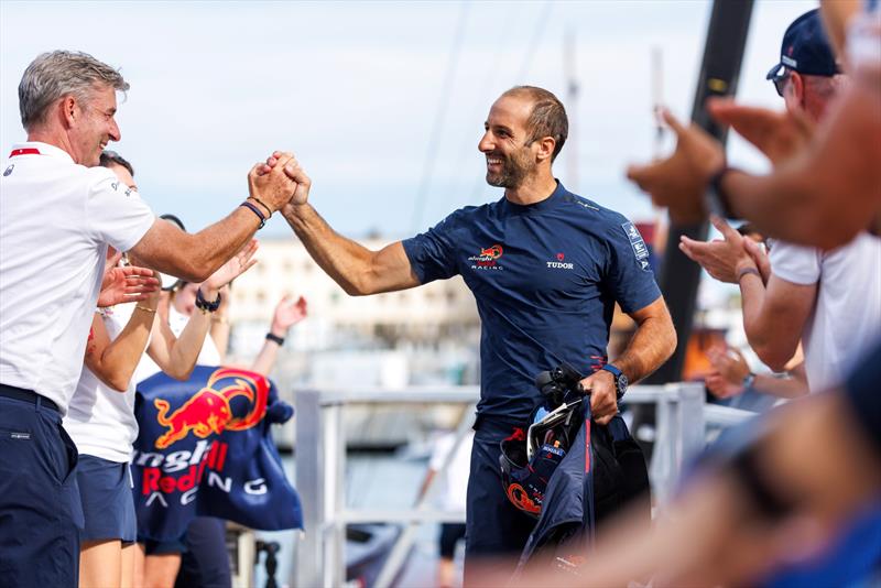 Arnaud Psarofaghis celebrates with fans at dock in after victory against American Magic on day 3, Louis Vuitton Cup Round Robin 2 in Barcelona, Spain. 5 September photo copyright Alinghi Red Bull Racing / Samo Vidic taken at  and featuring the AC75 class