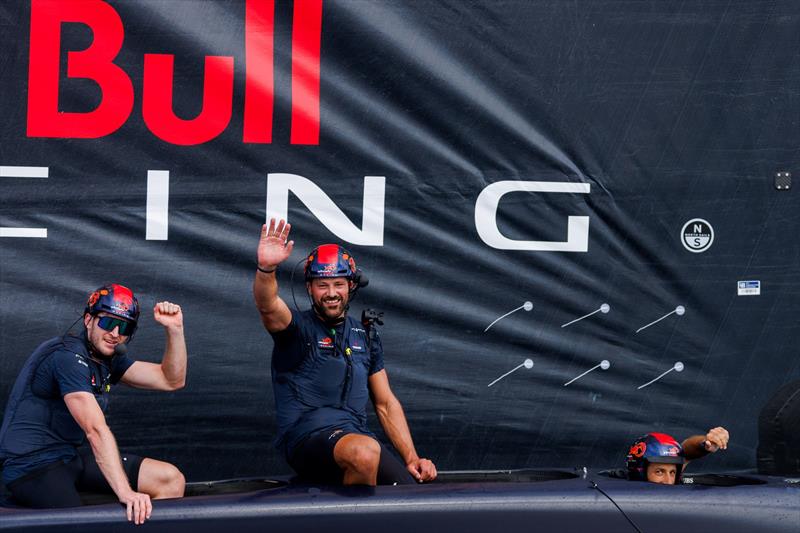 Nils Theuninck and Nico Stahlberg on Alinghi Red Bull Racing BoatOne after victory against American Magic on Day 3, Louis Vuitton Cup Round Robin 2 in Barcelona, Spain. 5 September photo copyright Alinghi Red Bull Racing / Samo Vidic taken at  and featuring the AC75 class