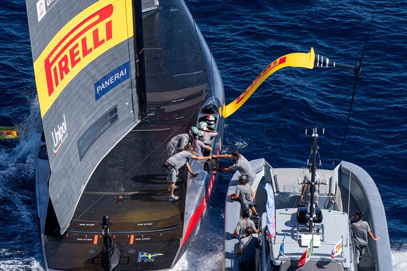 Foil arm problems for Luna Rossa Prada Pirelli on Louis Vuitton Cup Round Robin Day 9 - 9th September 2024 photo copyright Ian Roman / America's Cup taken at  and featuring the AC75 class