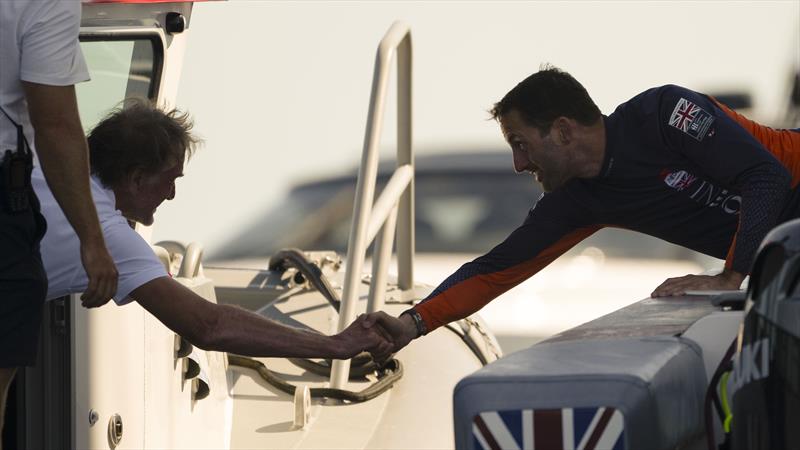 Sir Jim Ratcliffe and Sir Ben Ainslie shake hands after INEOS Britannia wins the Louis Vuitton Cup Round Robin Series - 9th September 2024 - photo © David Maynard / www.alleycatphotographer.com