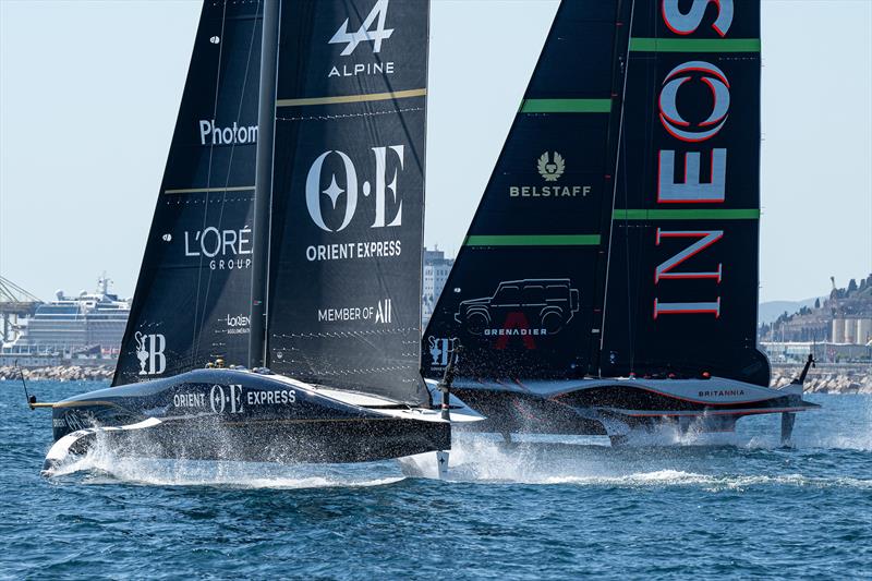 Orient Express and INEOS Britannia - Day 9 - Round Robin 2 - Louis Vuitton Cup - September 9, 2024 photo copyright Ricardo Pinto / America's Cup taken at Real Club Nautico de Barcelona and featuring the AC75 class