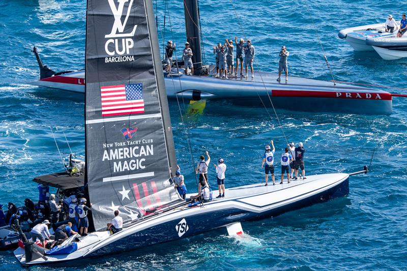  Luna Rossa and American Magic congratulate each other - Semi-Finals - Louis Vuitton Cup - Day 14 - September 19, 2024 - Barcelona photo copyright Ian Roman / America's Cup taken at Real Club Nautico de Barcelona and featuring the AC75 class