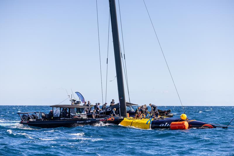 Alinghi Red Bull Racing's AC75 returns to base in Barcelona - September 30, 2024 photo copyright Alex Carabi / Alinghi Red Bull Racing taken at Société Nautique de Genève and featuring the AC75 class