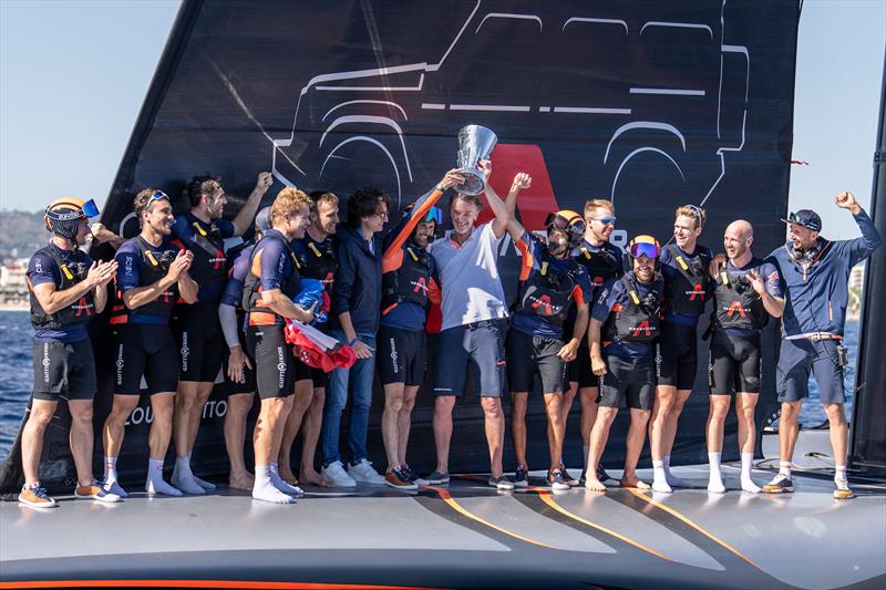 Sir Jim Ratcliffe and Sir Ben Ainslie lift the Louis Vuitton Cup - photo © Ian Roman / America's Cup