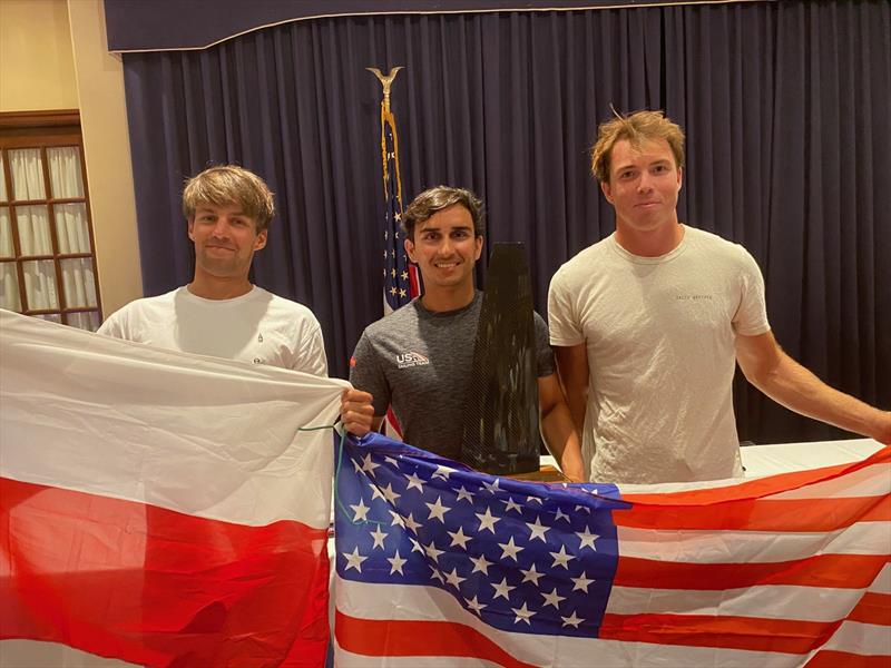 The Open podium (l-r) Kuba Surowiec 2nd, Ravi Parent Champion, Riley Gibbs 3rd at the Beacon Group A-Class Catamaran World Championships in Texas - photo © Gordon Upton / www.guppypix.com