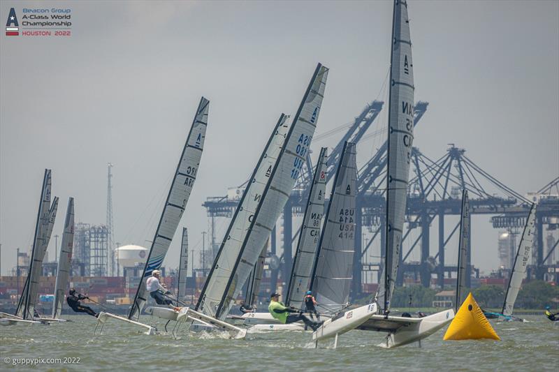 The chasing pack round the top mark in race 2 on the final day at the Beacon Group A-Class Catamaran World Championships in Texas - photo © Gordon Upton / www.guppypix.com