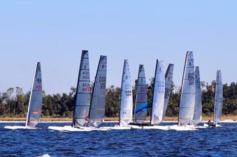 A Class catamaran racing action at the Caterwaul Regatta