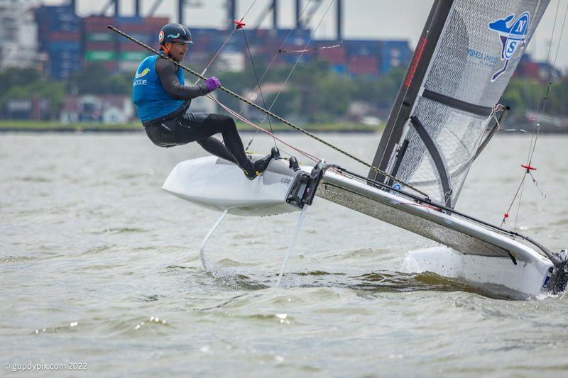 Emmanuel Dode, FRA.  French Open Champion.  Looking to better his World No. 6 place in the Open Category photo copyright Gordon Upton / www.guppypix.com taken at Houston Yacht Club and featuring the A Class Catamaran class