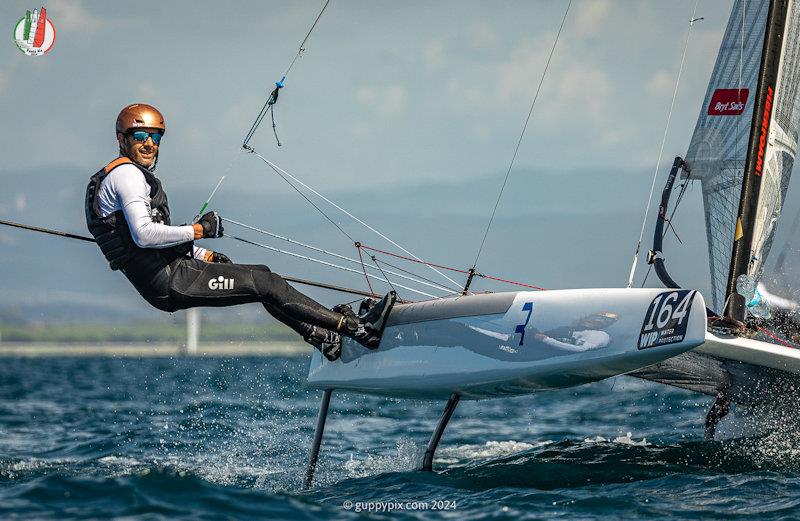 Kiwi Champ Dave Shaw going well despite a damaged main foil - A Class Cat Worlds at Punta Ala day 2 - photo © Gordon Upton / www.guppypix.com