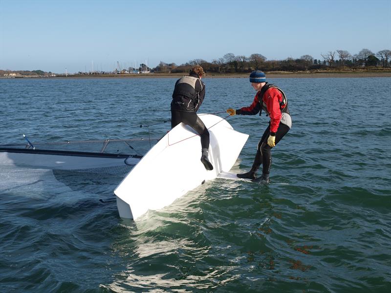 It is a fact of life that things can go wrong when sailing a performance boat. Compare this picture with that of the Mirror 14! With the Alto, the hull sits stable on its side, with the plate easily accessible for the crew - photo © M Arnold / Alto Class