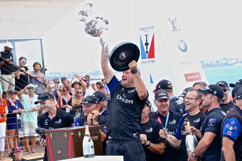 Max Sirena hoists the America's Cup high in Bermuda, June 26, 2017 - photo © Richard Gladwell