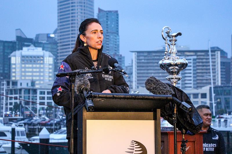Prime Minister Jacinda Ardern  speaking at Emirates Team New Zealand AC75 launch on September 6, 2019 photo copyright Richard Gladwell / Sail-World.com taken at Royal New Zealand Yacht Squadron and featuring the ACC class