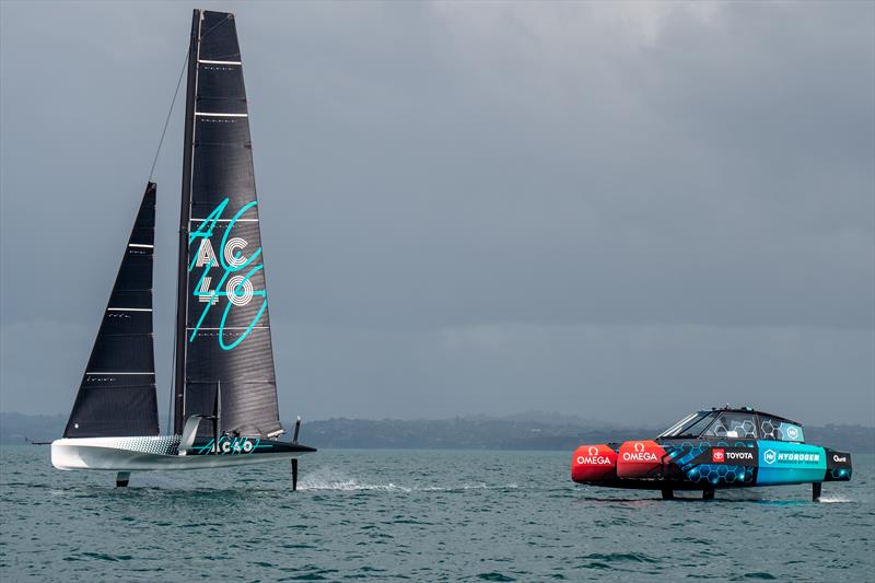 AC40 sailing on Day 1 in Auckland with the foiling hydrogen powered chase boat - photo © Emirates Team NZ