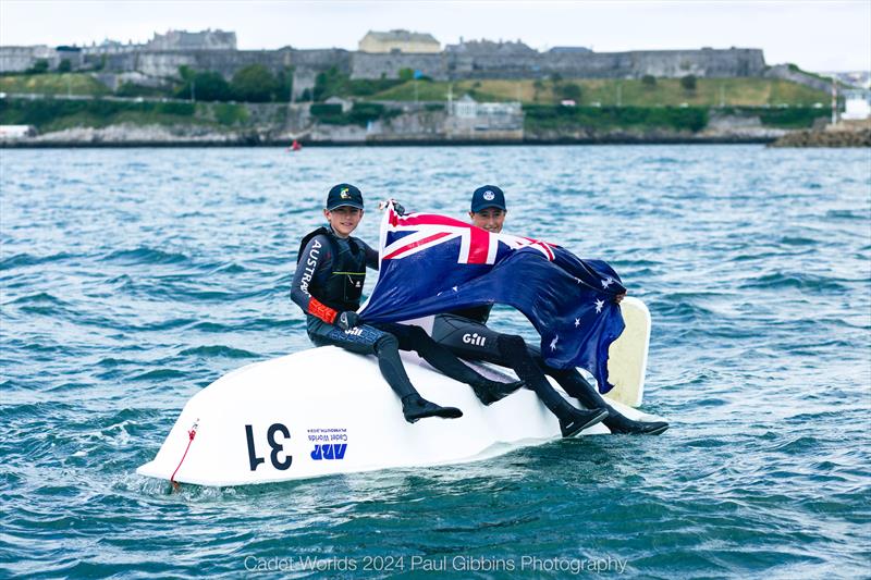 Josh Garner and Jack Benyan from Australia win the ABP Cadet class World Championship in Plymouth photo copyright Paul Gibbins Photography taken at Plymouth Youth Sailing and featuring the Cadet class