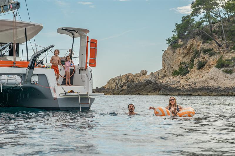 Excess 13 Swim platform down for chill time, up for party time - photo © Yann Riou