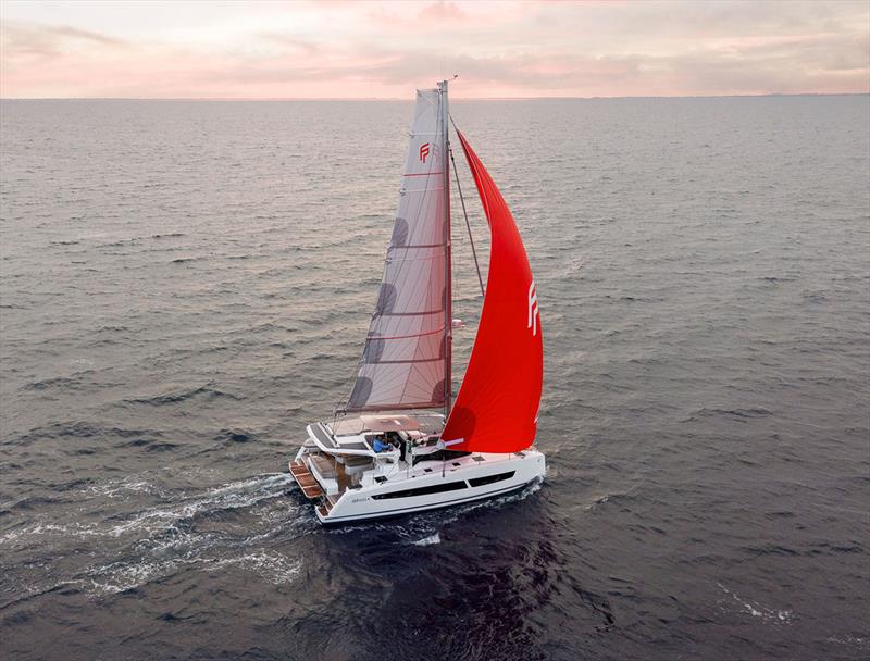 FP41 has a large, 120m2 Gennaker to assist the square top when you're off the breeze - photo © Fountaine Pajot