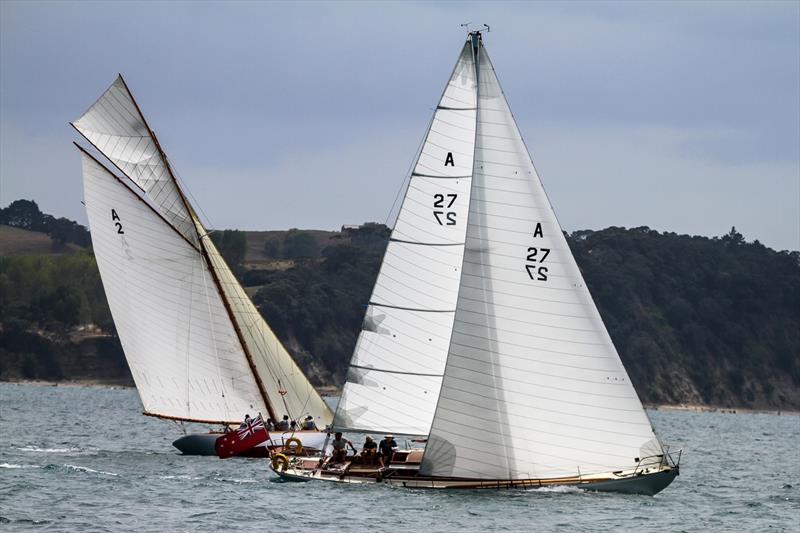 Arohia (A27 - Col Wild 1948) splits tacks with Rawhiti (1908 Logan) Mahurangi Regatta - January 29, 2022 - photo © Richard Gladwell - Sail-World.com/nz