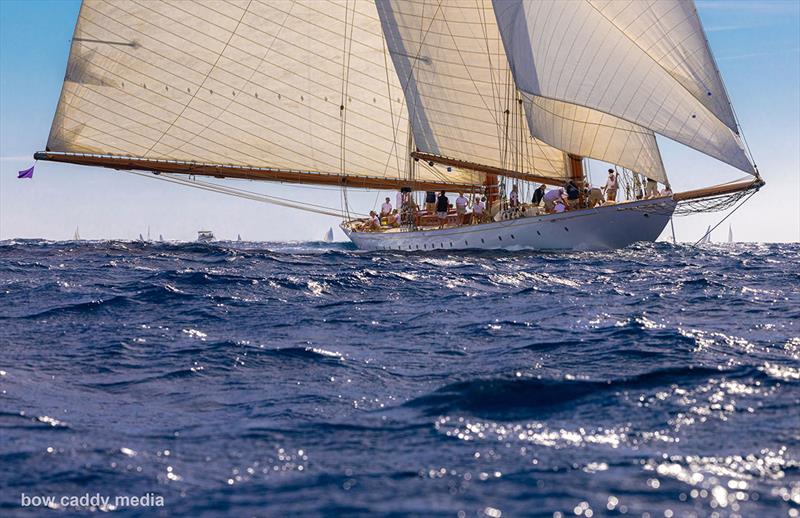 Elena of London downwind photo copyright Bow Caddy Media taken at Société Nautique de Saint-Tropez and featuring the Classic Yachts class