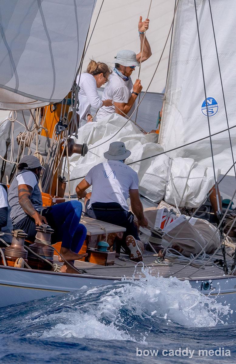 Dropping the staysail photo copyright Bow Caddy Media taken at Société Nautique de Saint-Tropez and featuring the Classic Yachts class