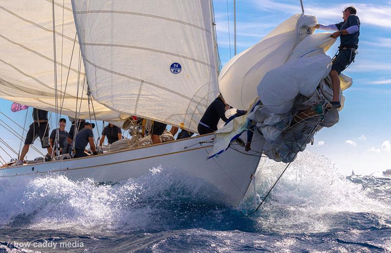 Dropping a headsail photo copyright Bow Caddy Media taken at Société Nautique de Saint-Tropez and featuring the Classic Yachts class