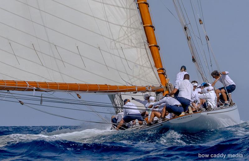 Hauling in the main before the gybe - just block and tackle! photo copyright Bow Caddy Media taken at Société Nautique de Saint-Tropez and featuring the Classic Yachts class