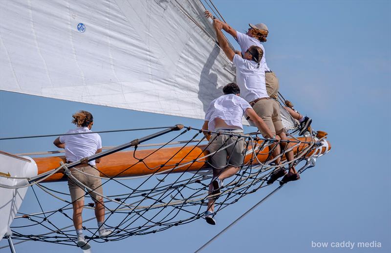 Handing the outer headsail photo copyright Bow Caddy Media taken at Société Nautique de Saint-Tropez and featuring the Classic Yachts class