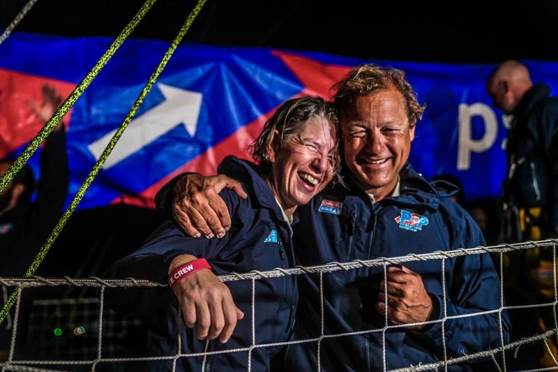 Dianne McGrath celebrates with PSP Logistics Skipper Mike Miller on arrival in Newcastle, Australia photo copyright Clipper Race taken at  and featuring the Clipper 70 class