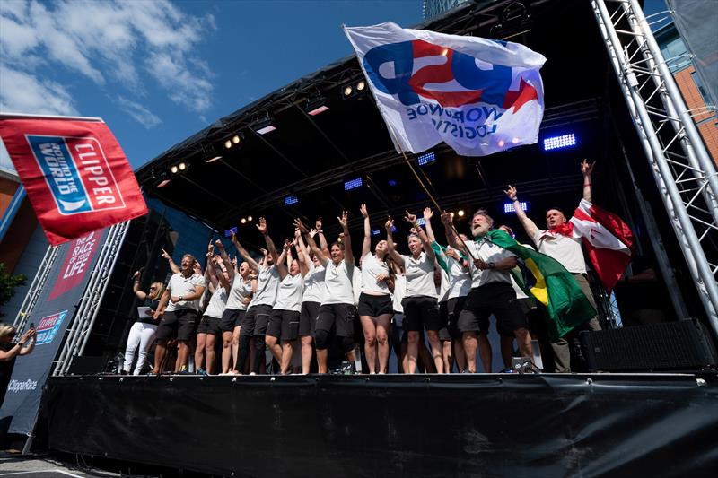 The entire PSP Logistics team takes to the stage in Portsmouth to celebrate their achievements over the last 11 months - photo © Clipper Race