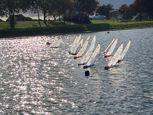 “A” fleet enjoying the sunshine at the start of race 8 during the DF95 Open at Gosport photo copyright Jacque Cook taken at Gosport Model Yacht & Boat Club and featuring the DF95 class