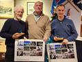 PY Fleet, 2nd Overall, Norman Lee (L) and Alan Leddy (R) (GP14) with DMYC Commodore, Derek Gill. Viking Marine Frostbites Series Series 1 prize-giving © Frank Miller