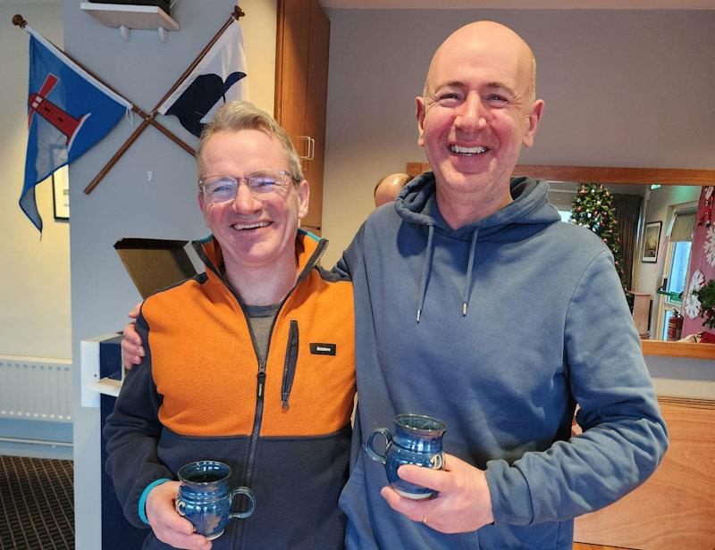 Jude O'Reilly (L) and Pat McGoldrick with their mugs - Viking Marine Dun Laoghaire Frostbites week 1 - photo © Frank Miller